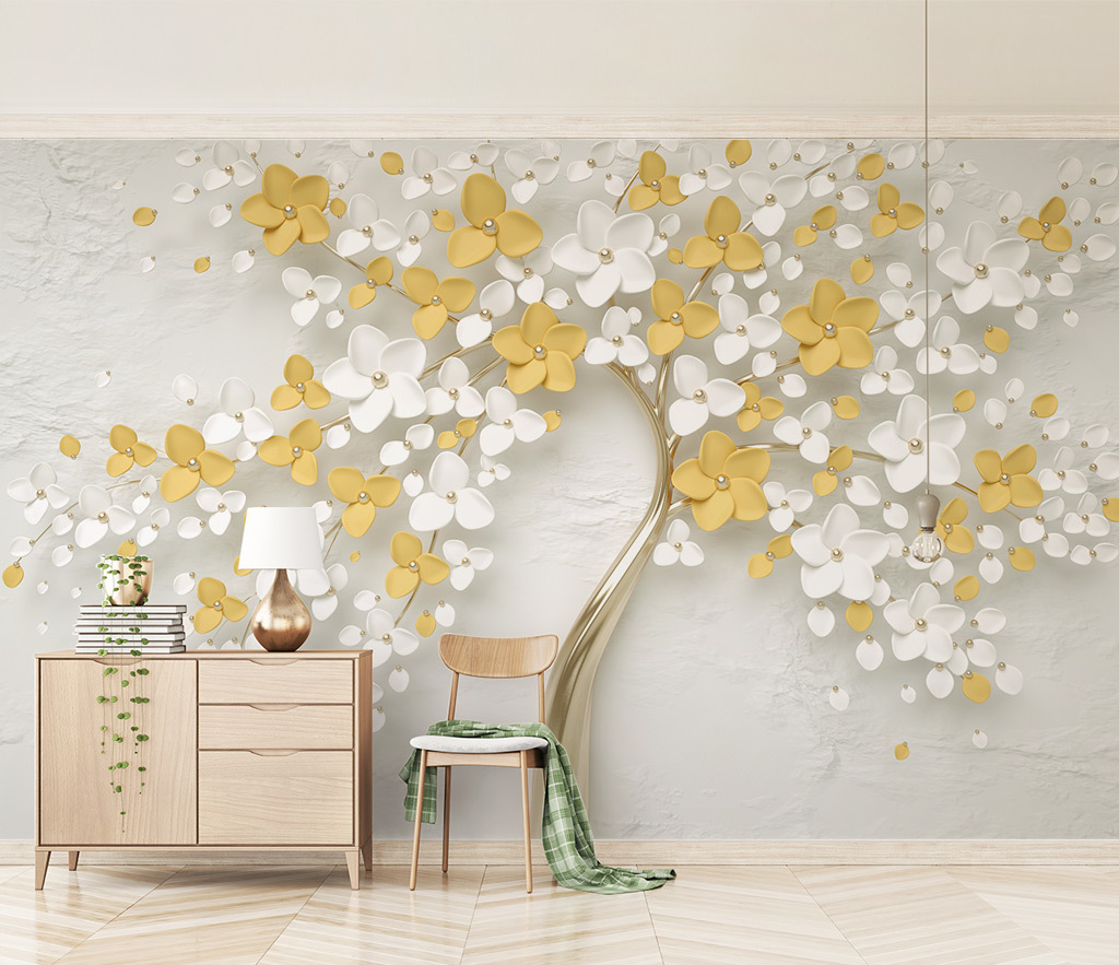 3D Tree White & Yellow Large Flowers Wallpaper Murals