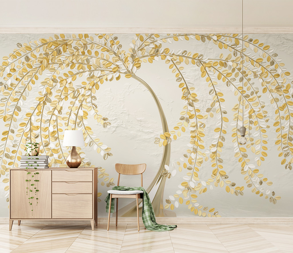 3D Tree with Yellow Wallpaper Murals: Vibrant Wall Décor