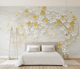 Papier peint mural avec arbres 3D, fleurs blanches et jaunes