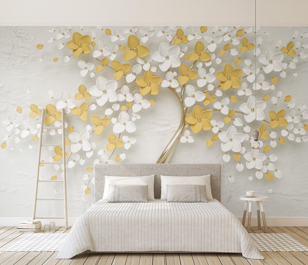 Papier peint mural 3D avec grandes fleurs blanches et jaunes