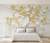 3D-Tapete mit großen Blumen in Weiß und Gelb