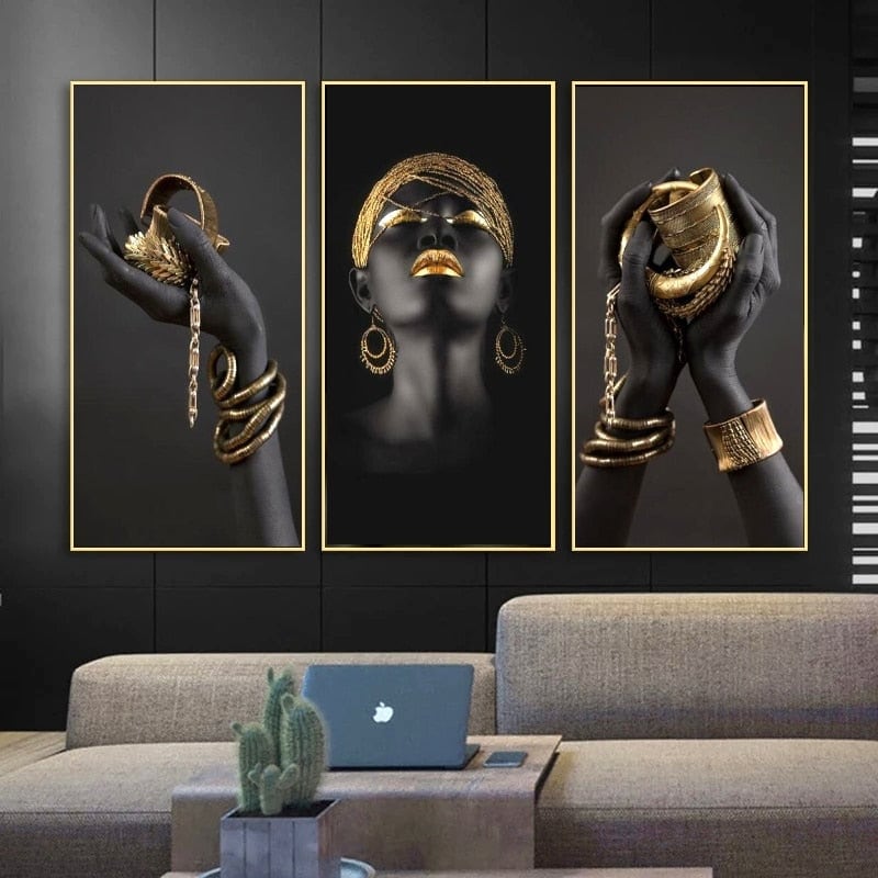 African Girl Trio Black Art Canvas Set