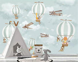 Animals Flying on Air Balloons in Sky Nursery Wallpaper