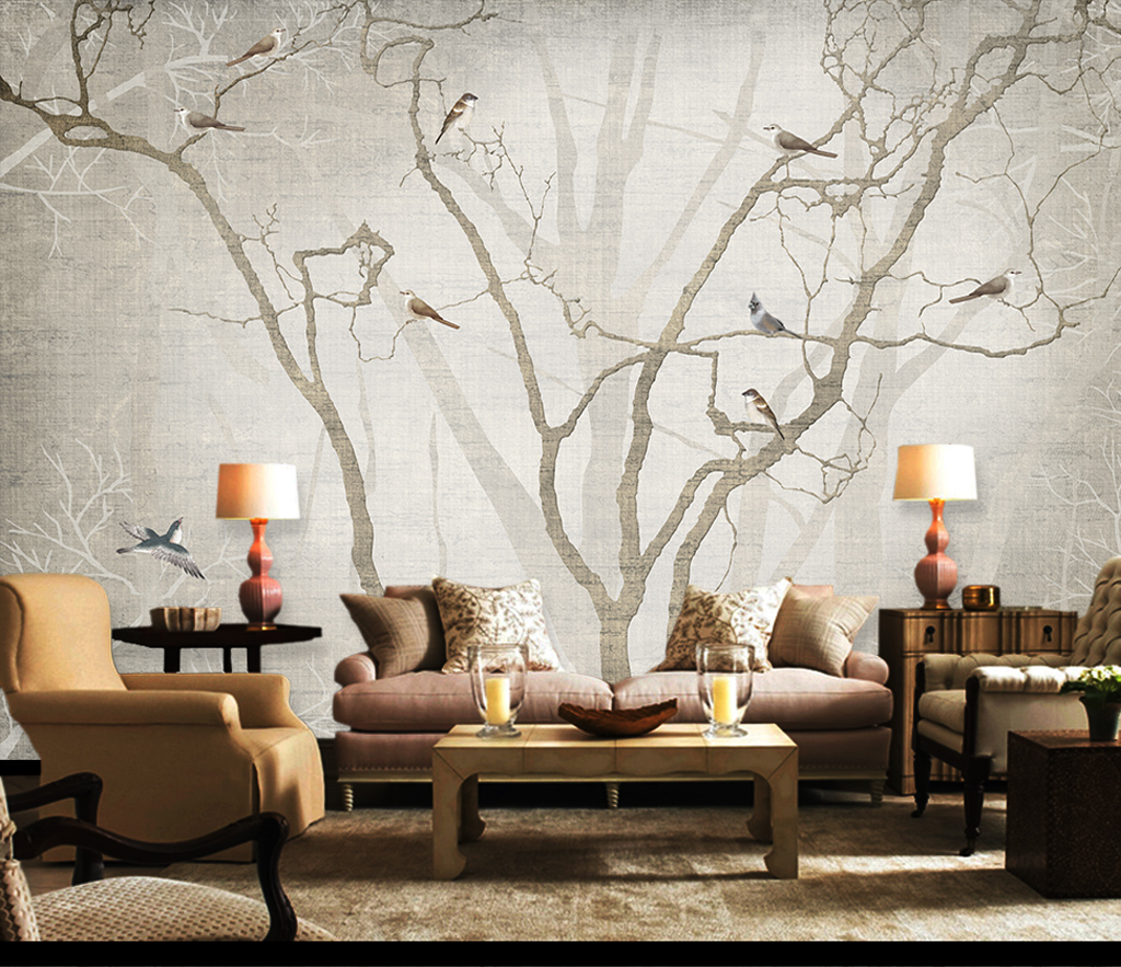 Birds on Tree Trunks Wallpaper Mural - Enhance Your Space