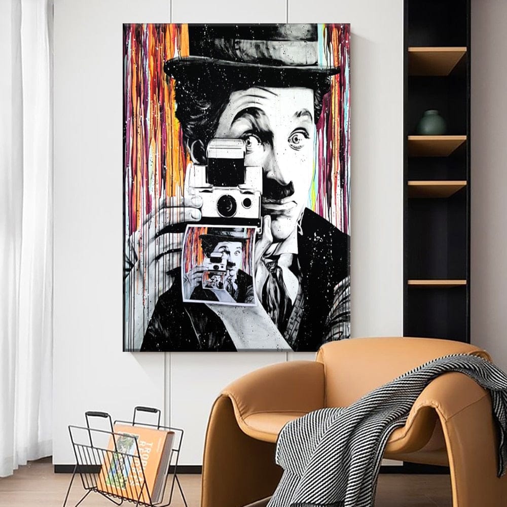 Charlie Chaplin with Camera Canvas Wall Art