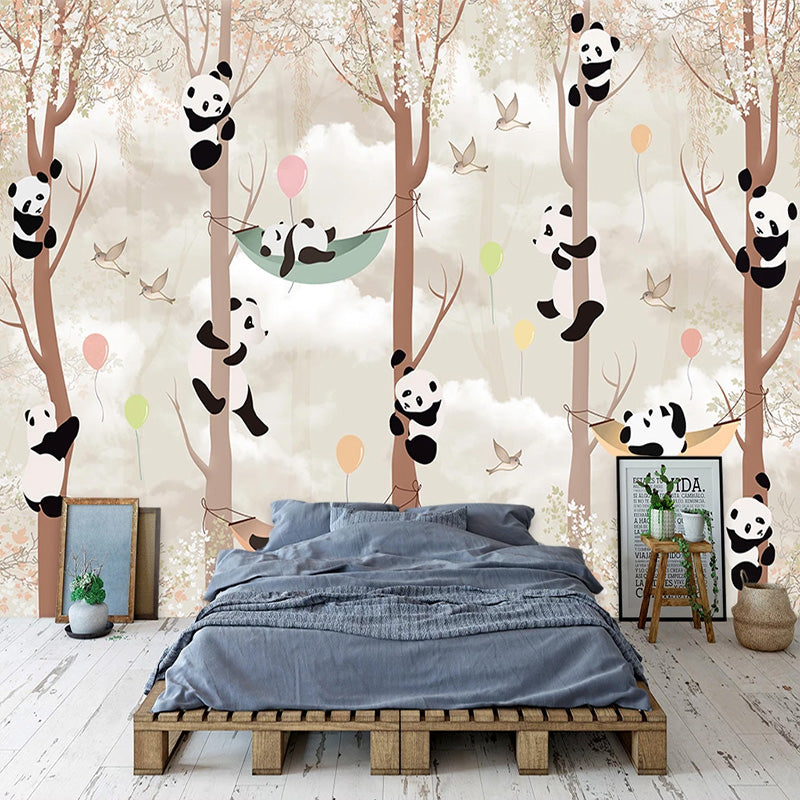 Cute Pandas Hanging on Trees in Forest Nursery Wallpaper