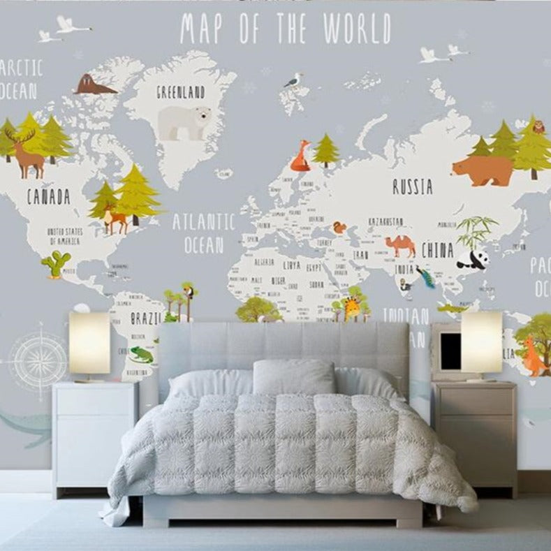 Dreamland Nursery Grey and White World Map Wallpaper