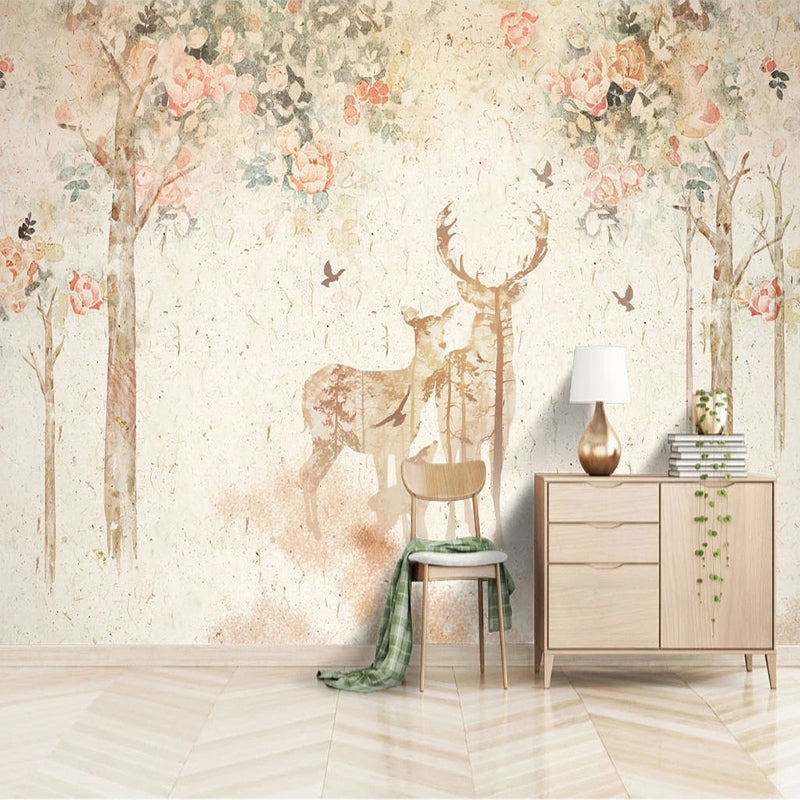 Floral Meadow with Deer - Nature-Inspired Wallpaper