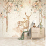 Floral Meadow with Deer - Nature-Inspired Wallpaper