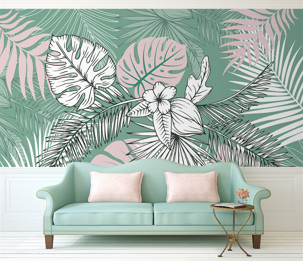 Green Sketch Floral Leaves Wallpaper Mural