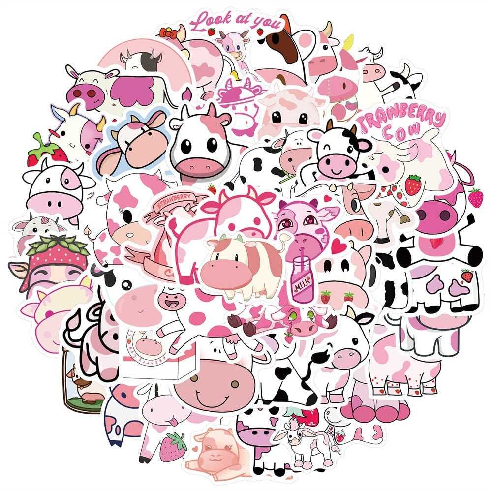 Pink Cow Graffiti Waterproof Sticker Suitcase Notebook Mobile Phone Refrigerator Children WaterCup Helmet