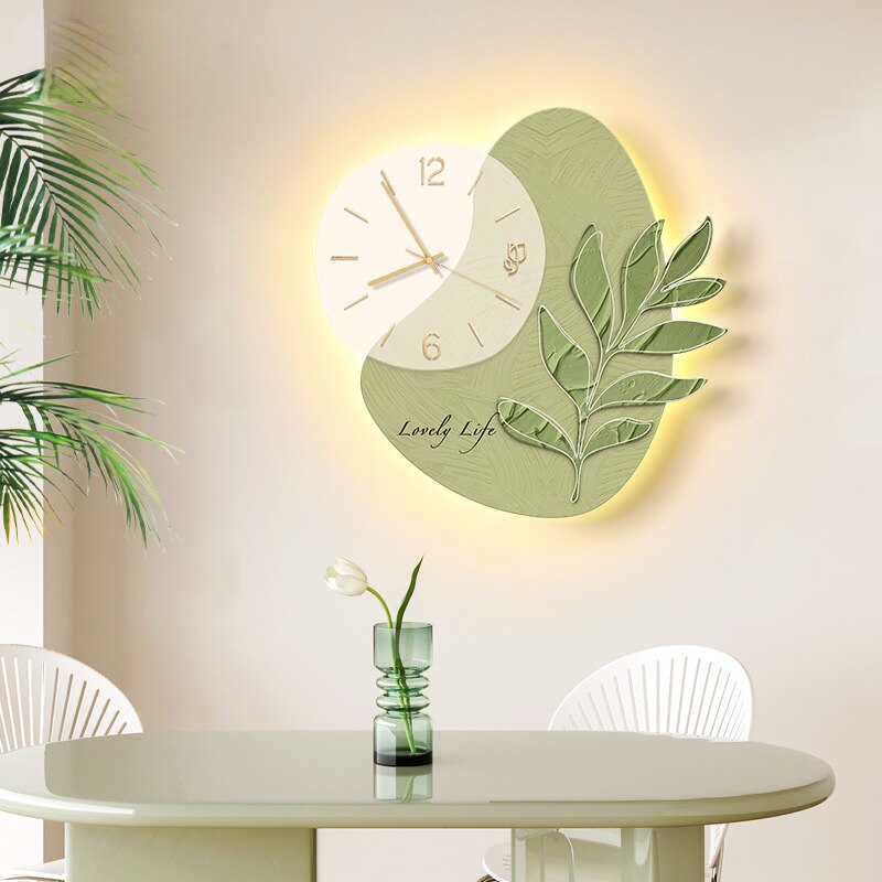 LED Lights Glowing Green Leaf Wall Clock