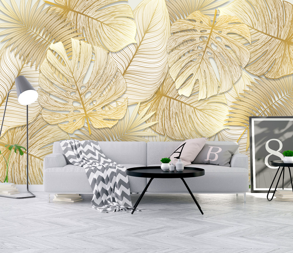 Large Golden Monstera Leaves Wallpaper Mural