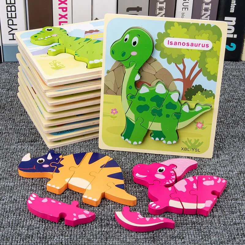 Puzzle 3D de dinosaure de dessin animé en bois Montessori pour bébé