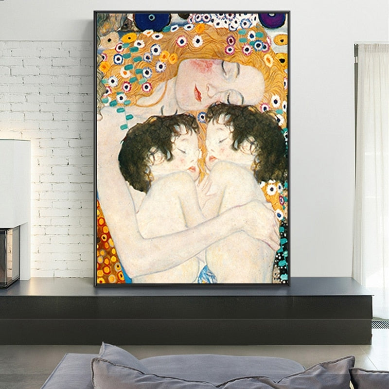 Famous Posters and Print Mother Love Twins Baby By Gustav Klimt Canvas Wall Art