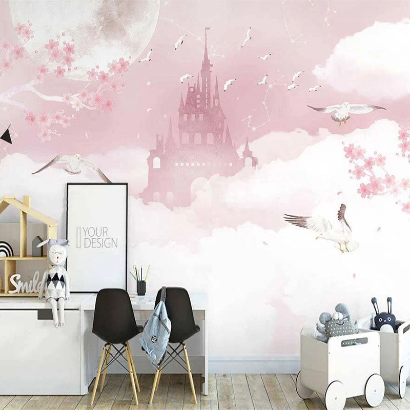 Pink Castle in Clouds Nursery Wallpaper