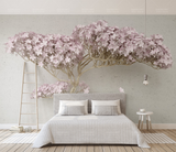 Pink Flowers Design Theme 3D Tree Wallpaper Murals