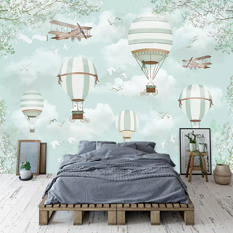 Polar Bears Flying on Air Balloons Nursery Wallpaper