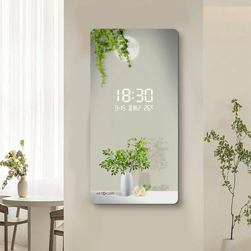 Horloge murale électronique numérique à brancher avec motif de plante verte