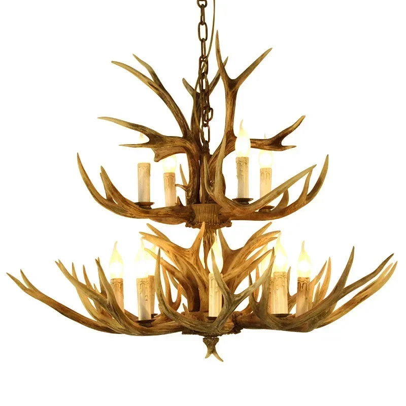 Lustre en chêne véritable de style bois de cerf