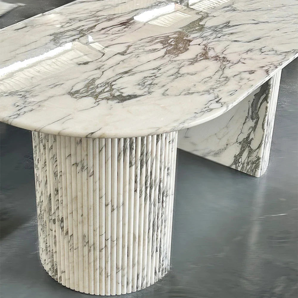 Luxury White Polished Finish Marble Dining Table Set