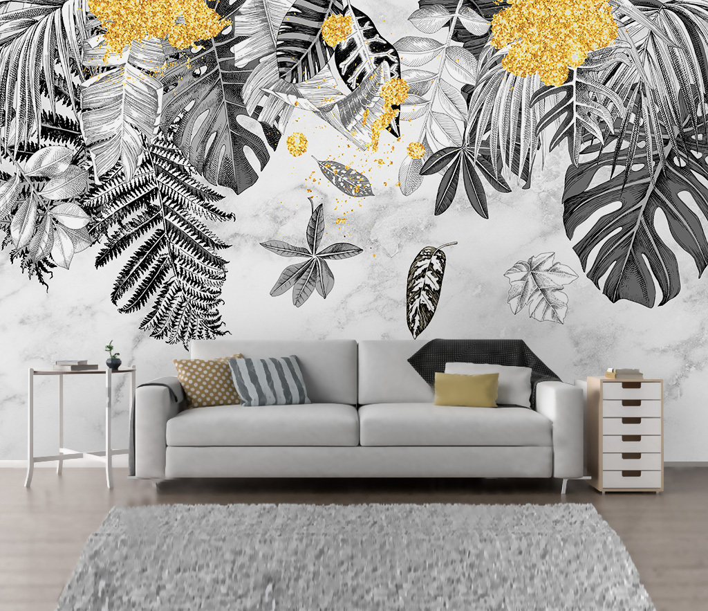 Yellow & Black - Leaves Wallpaper Murals