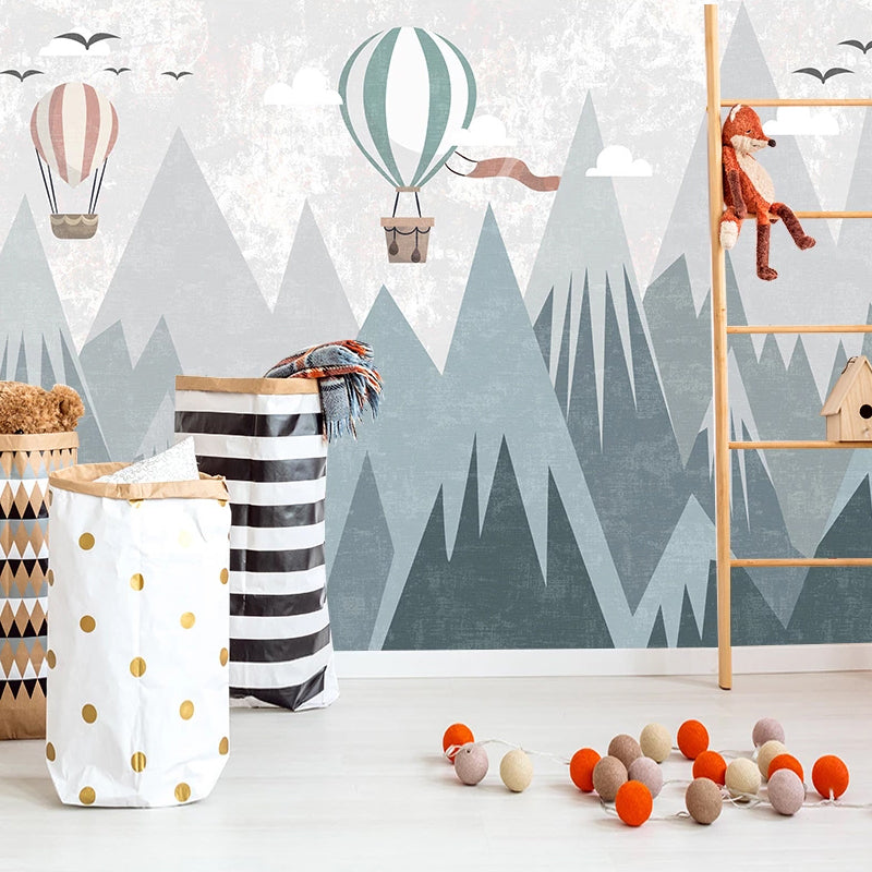 Air Balloons Flying over Mountain Peaks Nursery Wallpaper