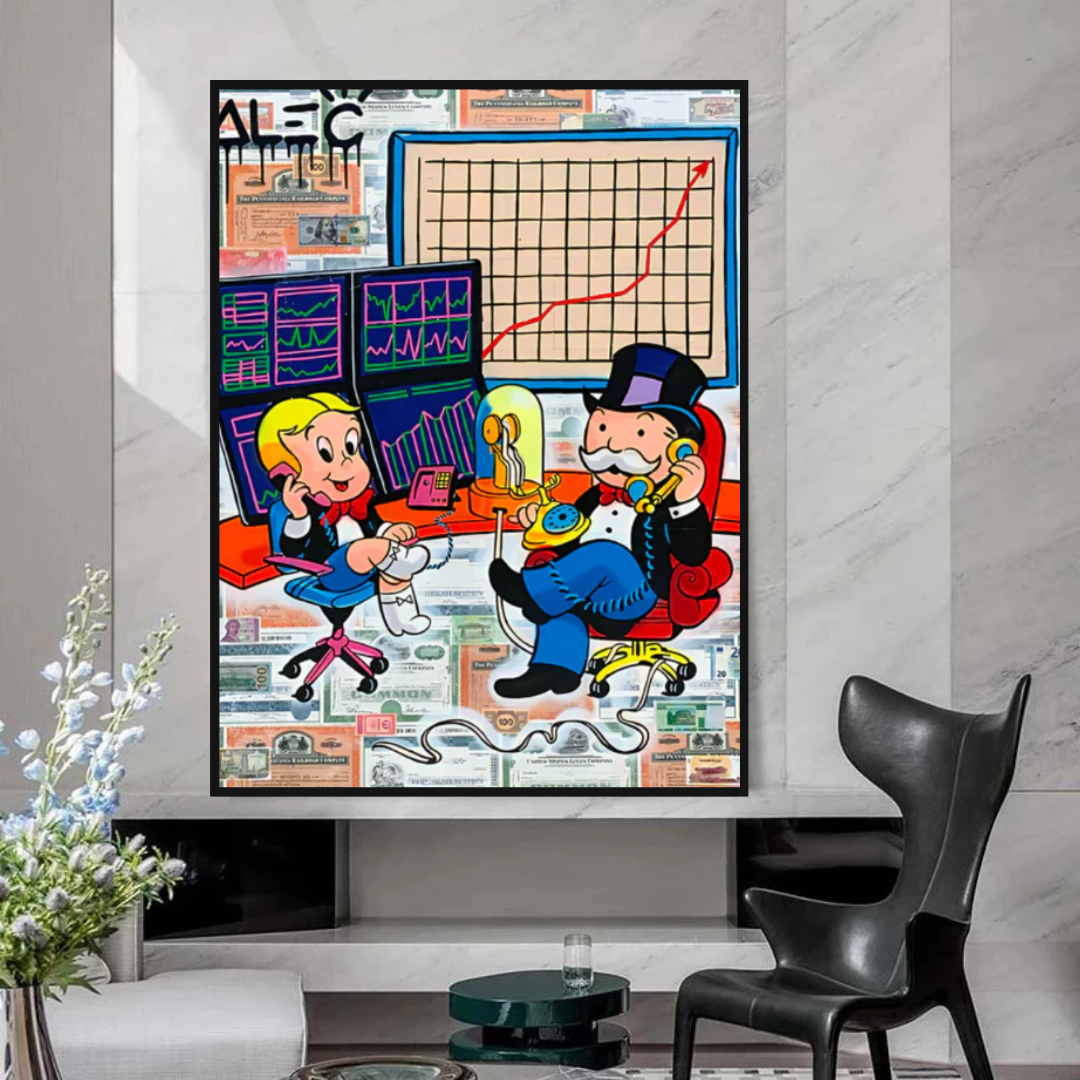 Alec Monopoly und Richie Rich im Forex-Trading-Krypto-Leinwanddruck