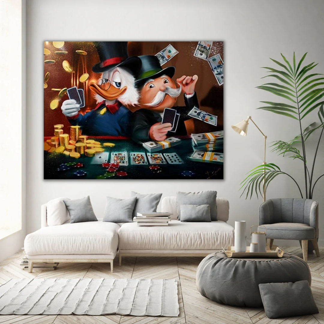 Alec Monopoly und Dagobert Duck spielen Poker auf Leinwand