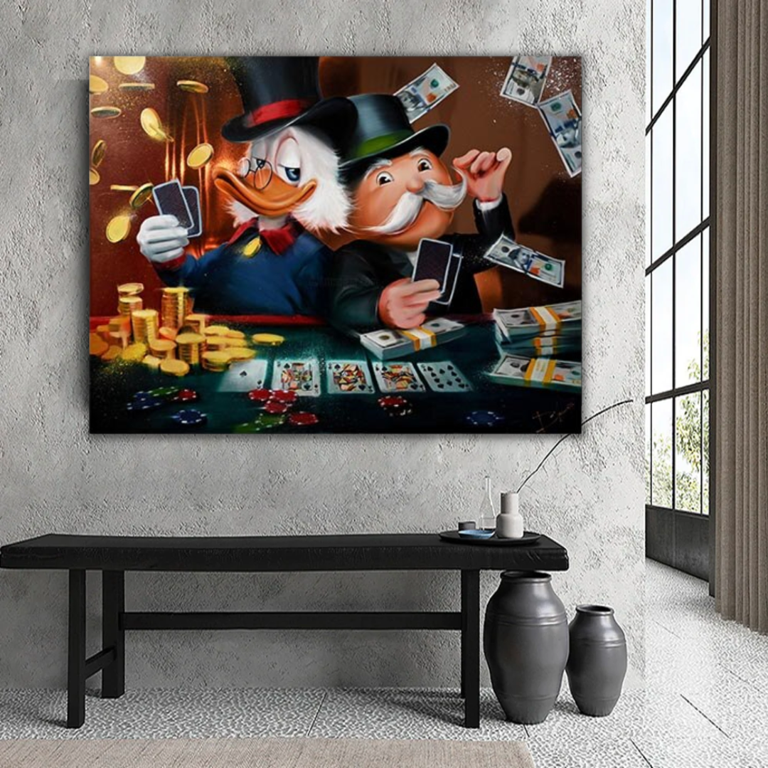 Alec Monopoly und Dagobert Duck spielen Poker auf Leinwand