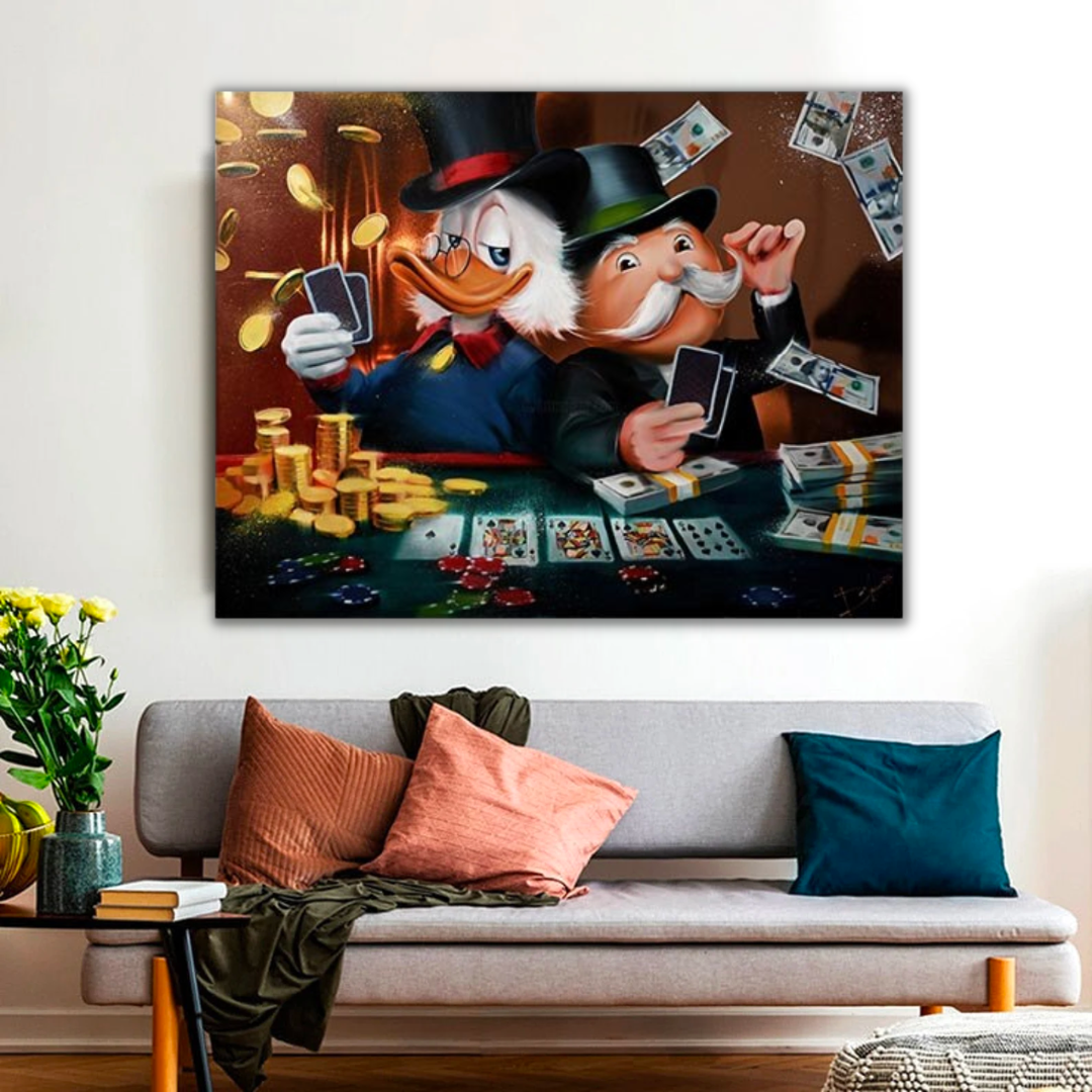 Alec Monopoly und Dagobert Duck spielen Poker auf Leinwand