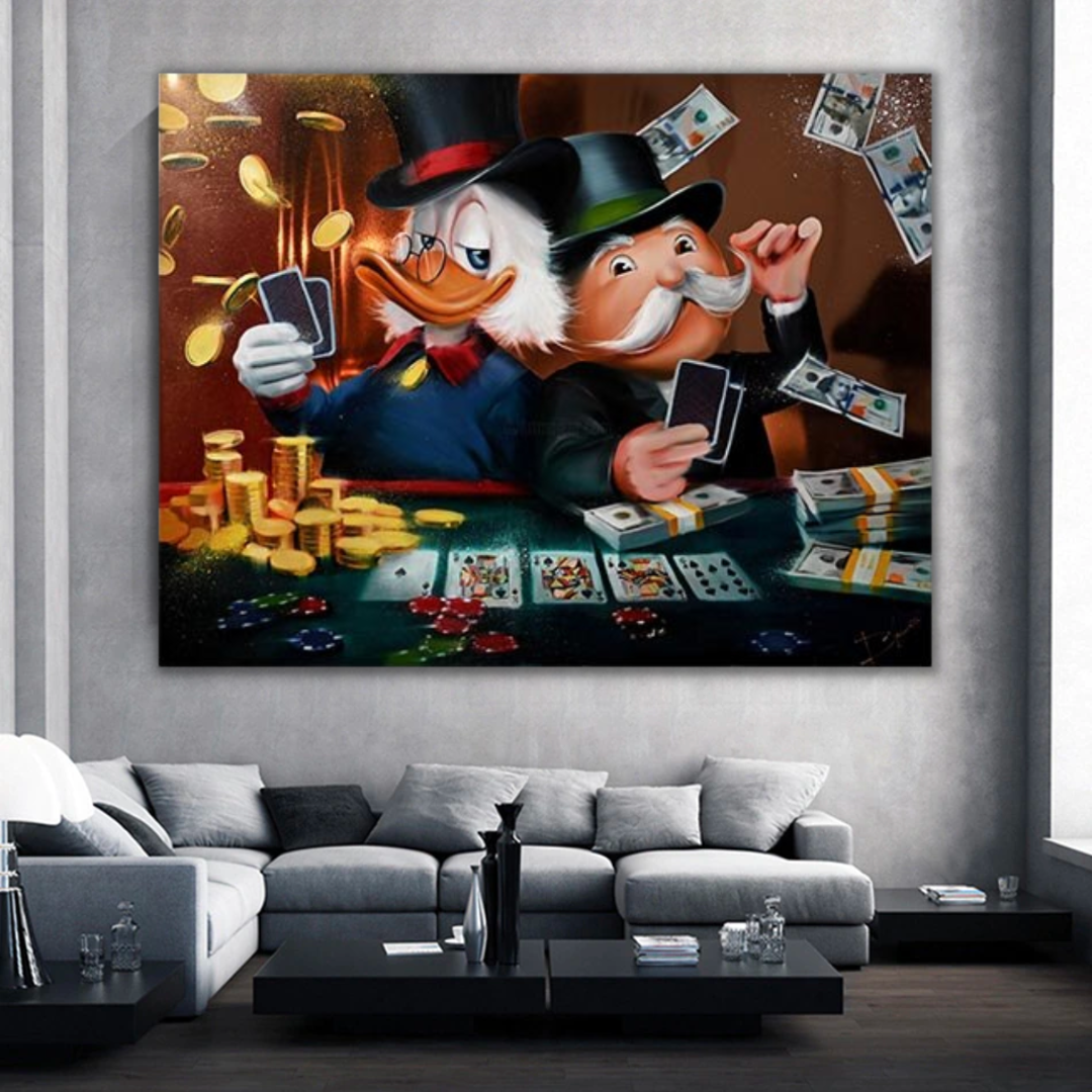 Alec Monopoly und Dagobert Duck spielen Poker auf Leinwand