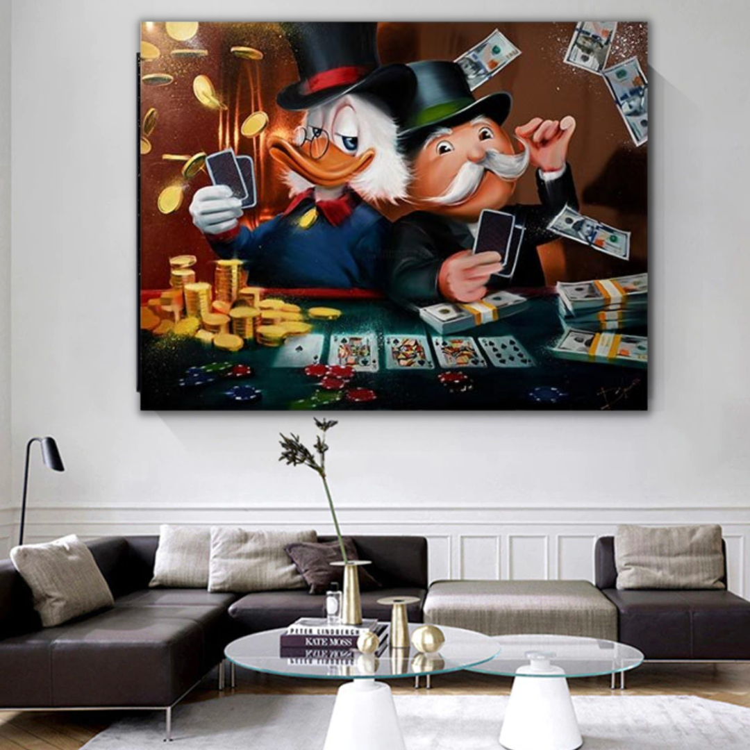 Alec Monopoly und Dagobert Duck spielen Poker auf Leinwand