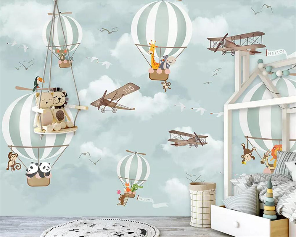 Animals Flying on Air Balloons in Sky Nursery Wallpaper