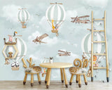 Animals Flying on Air Balloons in Sky Nursery Wallpaper