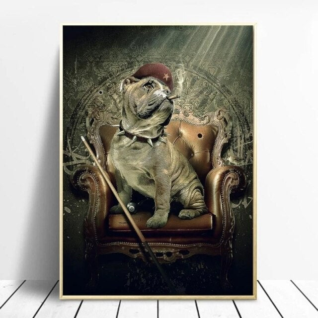 Décoration murale sur toile animaux lions et chiens jouant au billard