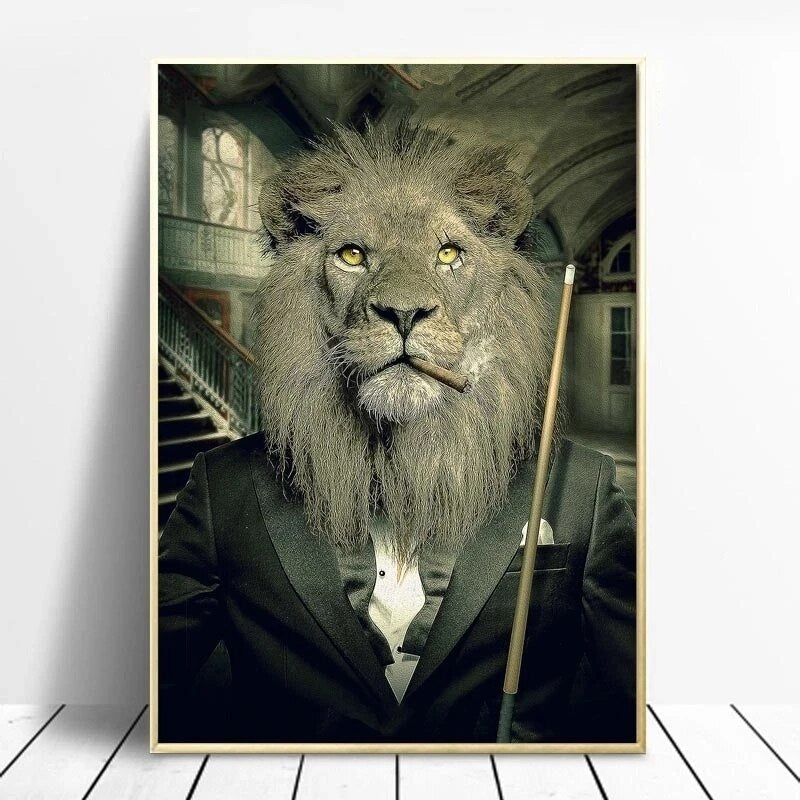 Animals Lions and Dogs Playing Billiards Canvas Wall Art