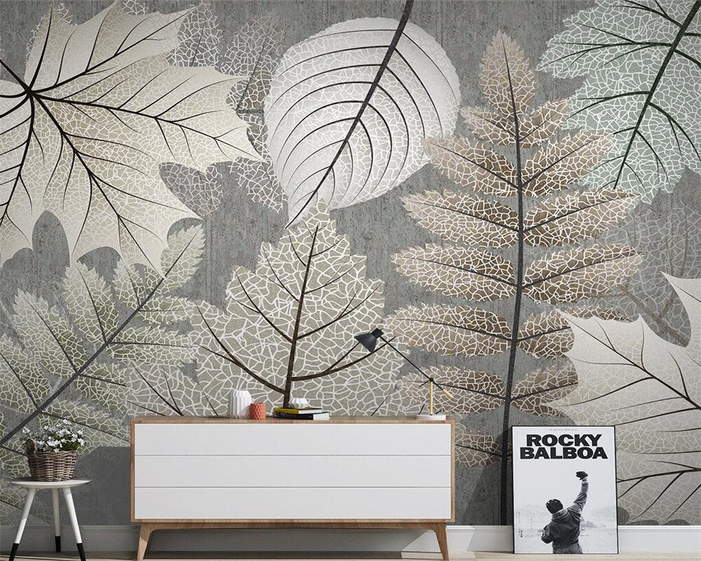 Artistic Monochrome Leaf Mural Wallpaper