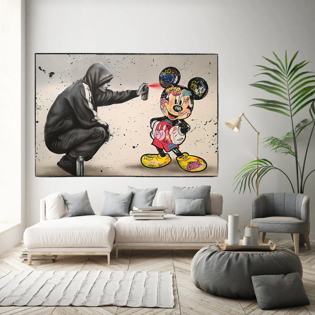 Banksy Mickey Spray Painted Canvas Wall Art - Street Art Print for Home Decor