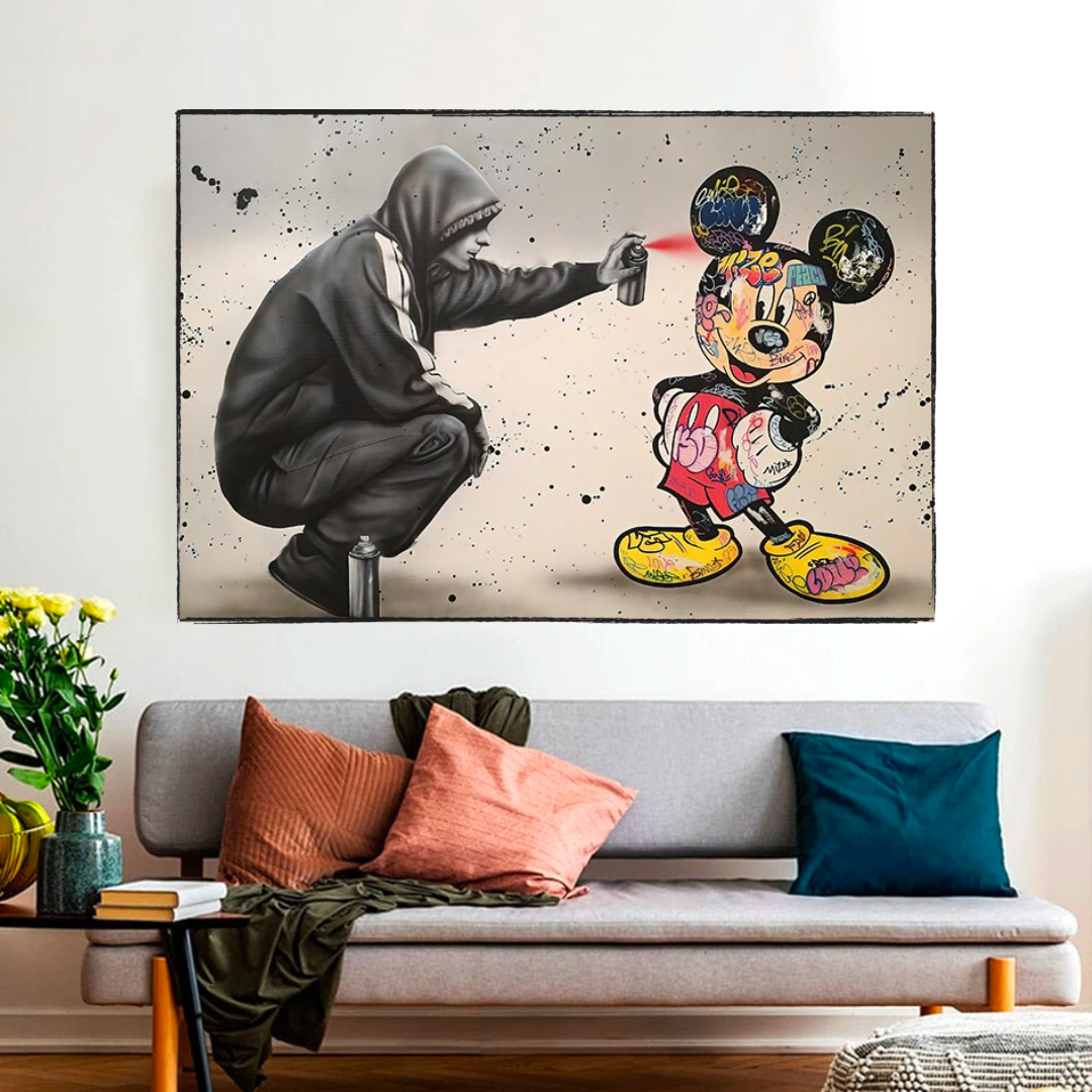 Banksy Mickey Spray Painted Canvas Wall Art - Street Art Print for Home Decor