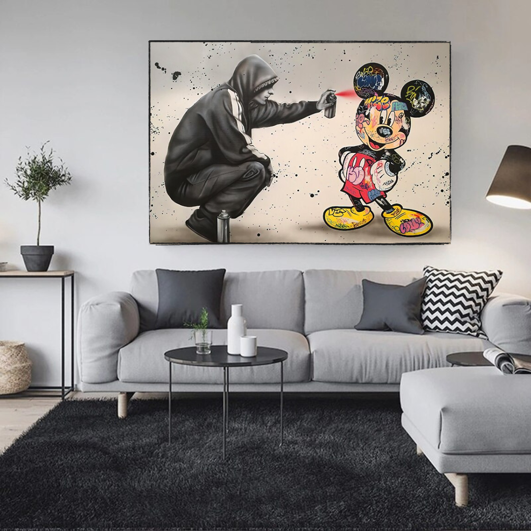 Banksy Mickey Sprühbemalte Leinwand-Wandkunst – Street-Art-Druck für Heimdekoration