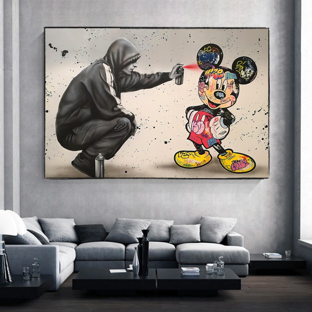 Banksy Mickey Sprühbemalte Leinwand-Wandkunst – Street-Art-Druck für Heimdekoration