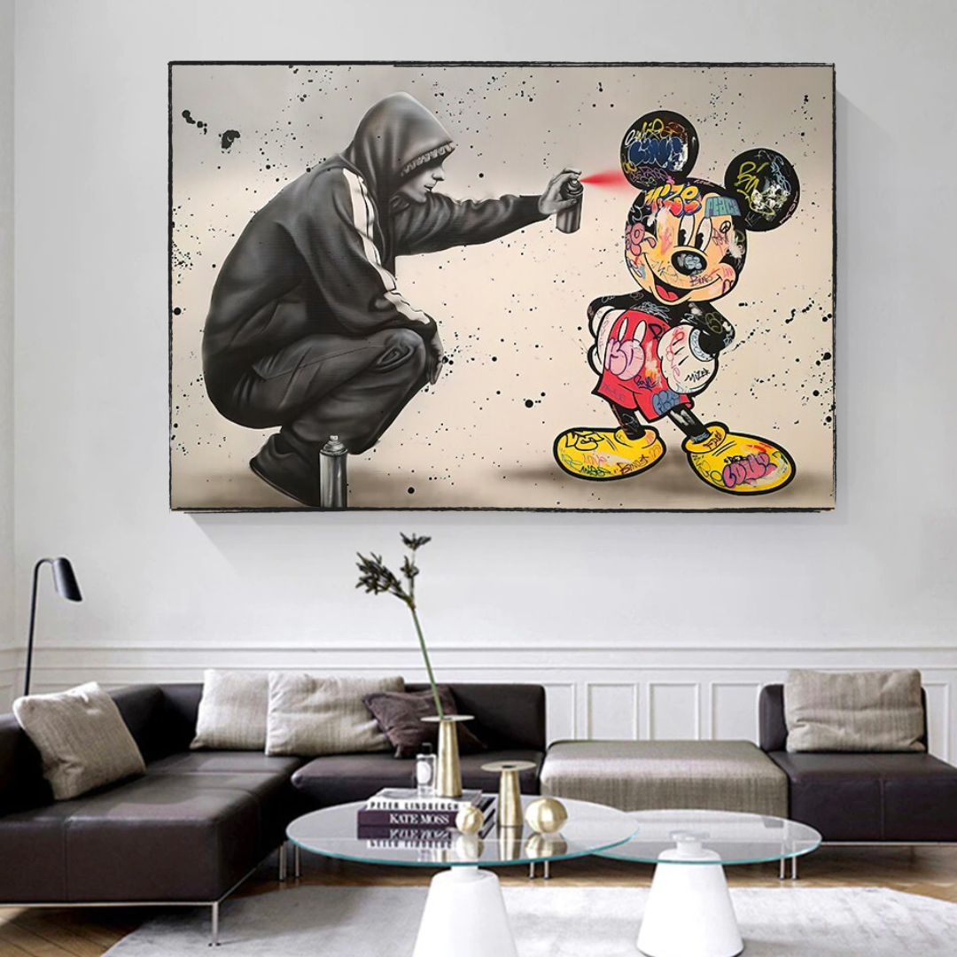 Banksy Mickey Sprühbemalte Leinwand-Wandkunst – Street-Art-Druck für Heimdekoration