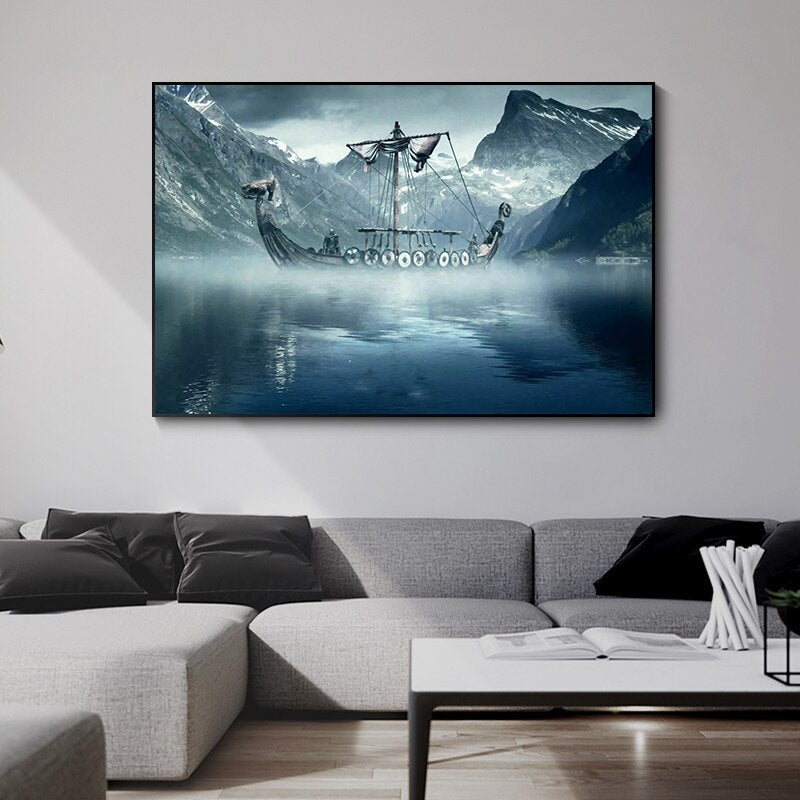 Cold North Sea Viking Long Ship Canvas Wall Art