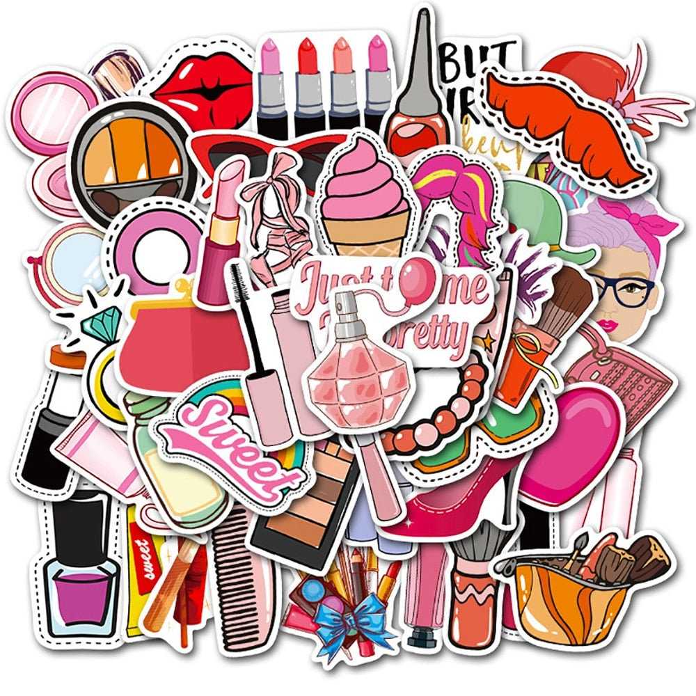 Girls Cosmetics Stickers Pack | Famous Bundle Stickers | Waterproof Bundle Stickers