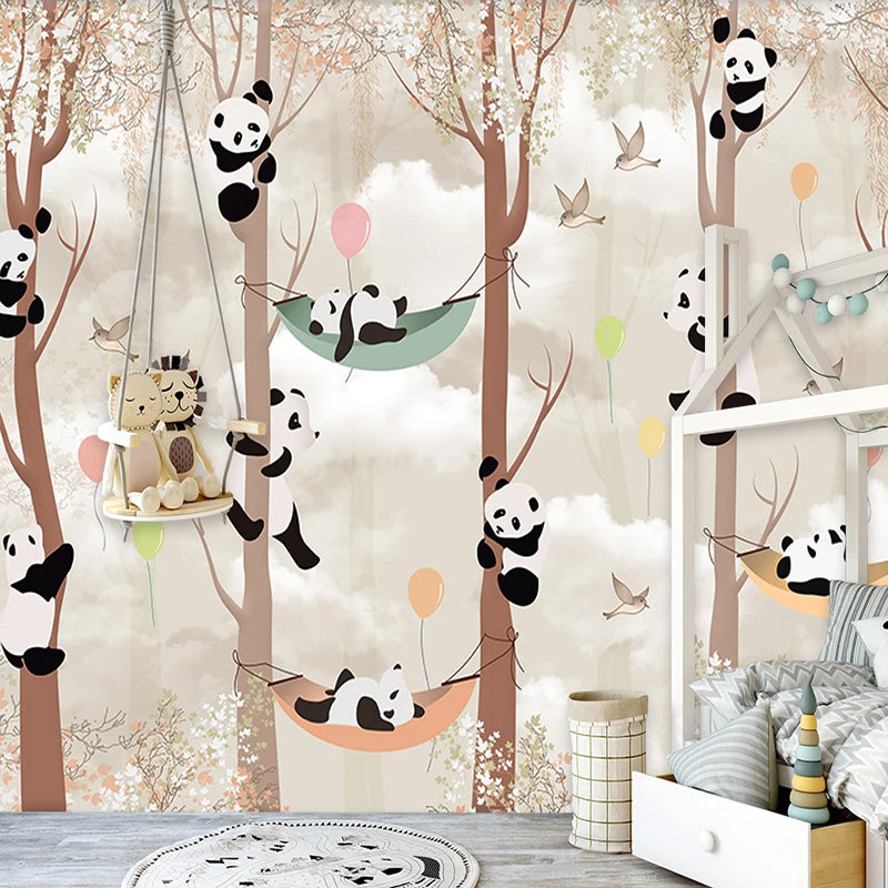 Cute Pandas Hanging on Trees in Forest Nursery Wallpaper