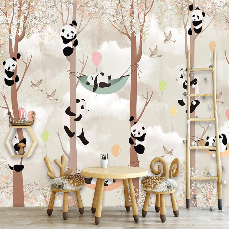 Cute Pandas Hanging on Trees in Forest Nursery Wallpaper