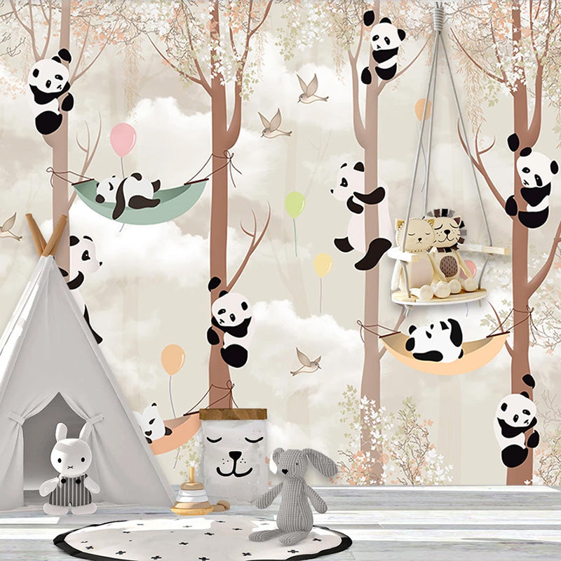 Cute Pandas Hanging on Trees in Forest Nursery Wallpaper