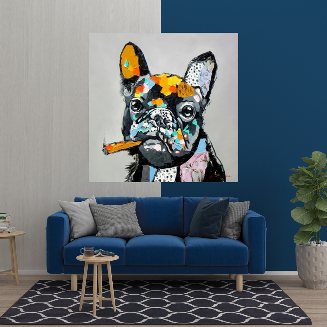 Kunstdruck auf Leinwand, Motiv: Hund jubelt, rauchende Bulldogge