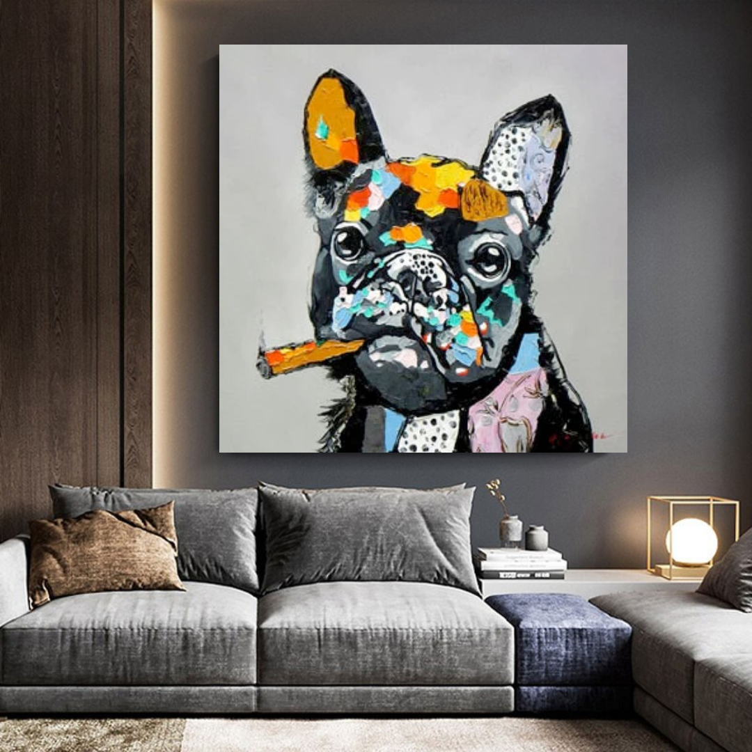 Kunstdruck auf Leinwand, Motiv: Hund jubelt, rauchende Bulldogge